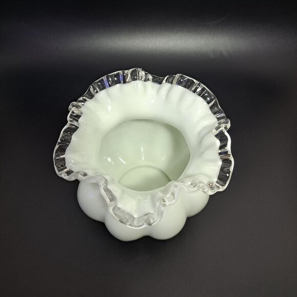 Fenton Milk Glass Melon Vase With Silver Crest Ruffled Edge - Picture 5 of 13